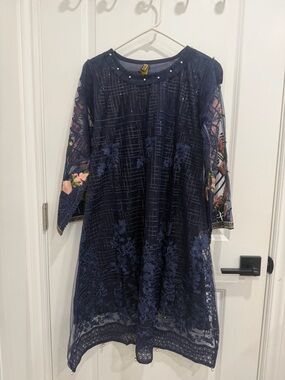 Navy Embroidered Lace Tunic with Floral Sleeves